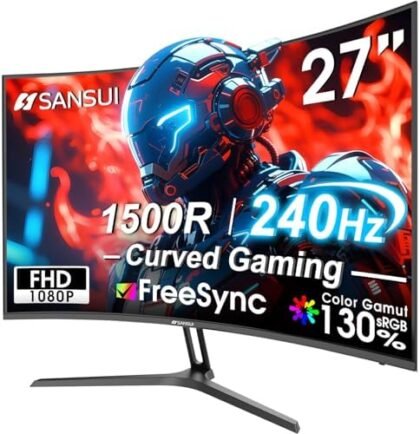 SANSUI 27 Inch Curved 240Hz Gaming Monitor FHD 1080P, 1500R Curve Computer Monitor Fast VA, 130% sRGB, 4000:1, HDR, FreeSync, MPRT 1Ms, Low Blue Light, HDMI DP Ports, Metal Stand, DP Cable Incl. : Electronics