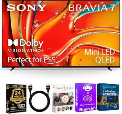 Sony 85-Inch BRAVIA 7 4K HDR Mini LED QLED Smart Google TV with Dolby Vision, PS5 Exclusive Features, HDMI 2.1, XR Processor – Bundle with 2-Year CPS Protection, AUX HDMI Cable & Streaming Bundle : Electronics